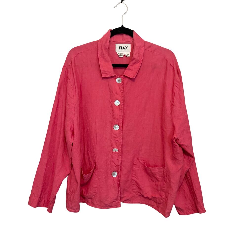 Flax Linen Button Front Shirt Jacket Large Pink Red Lagenlook Coastal Casual